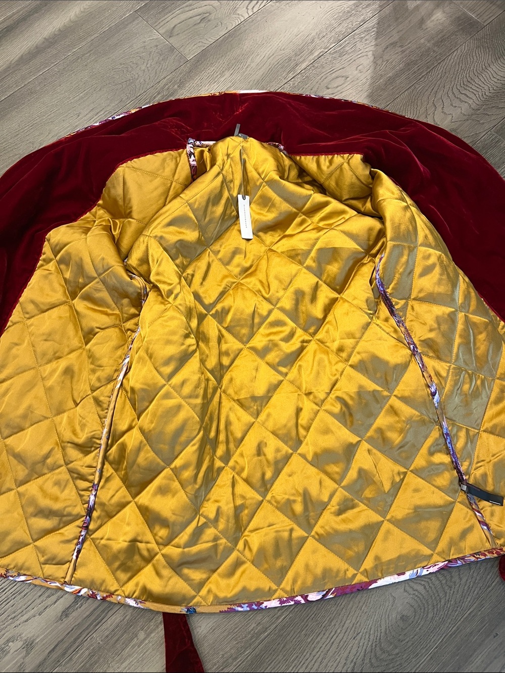 Anthropologie Quilted Floral coat Robe with Rich Red Velvet Trim - Picture 3 of 13